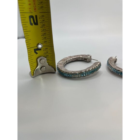 Sterling Silver Hoop Earrings With Blue Crystal Accents 925 Marked - Picture 7 of 9